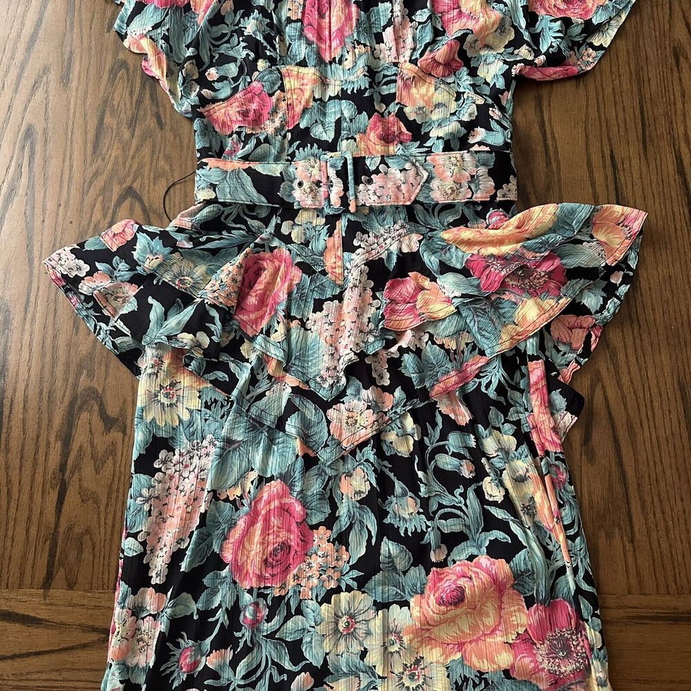 Vintage Karen Alexander Pintuck Ruffle Peplum Floral Viscose BeltedSlit Dress 10 - Picture 7 of 16
